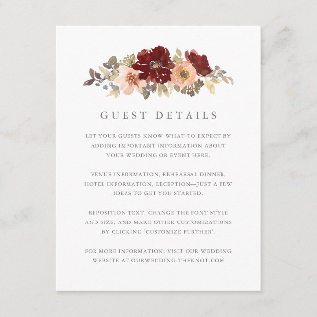 Burgundy and Peach Floral Wedding Guest Details Enclosure Card (Front)