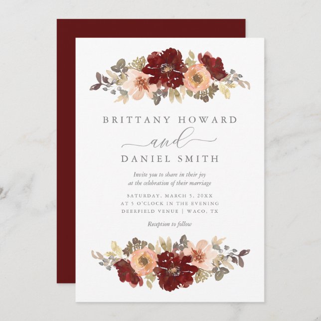 Burgundy and Peach Floral Wedding Invitation (Front/Back)