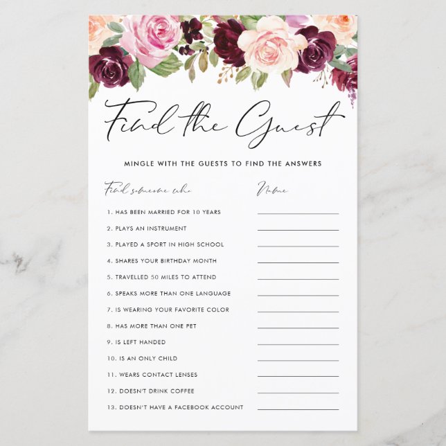 Burgundy and Peach Flowers Find the Guests Game (Front)