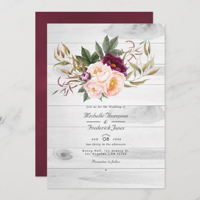 Burgundy and Peach Rustic Floral QR Code Wedding Invitation (Front/Back)