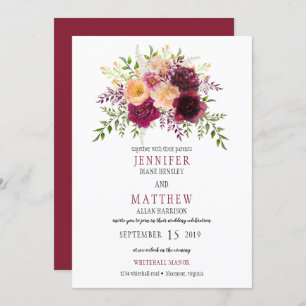 Burgundy and Peach Watercolor Floral Wedding Invitation
