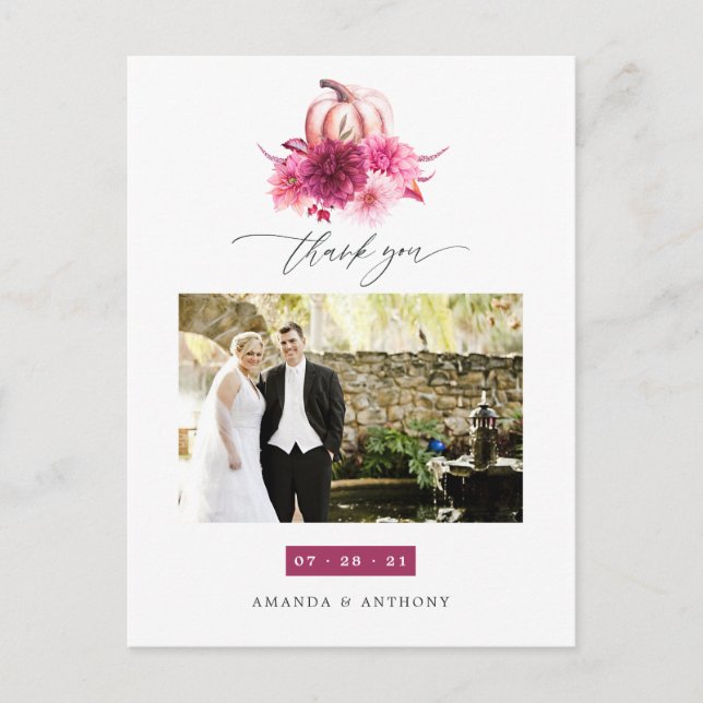 Burgundy and Pink Autumn Fall Wedding Thank You Postcard (Front)