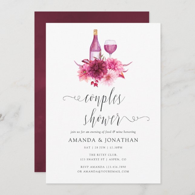 Burgundy and Pink Couples Shower Wine Tasting Invitation (Front/Back)