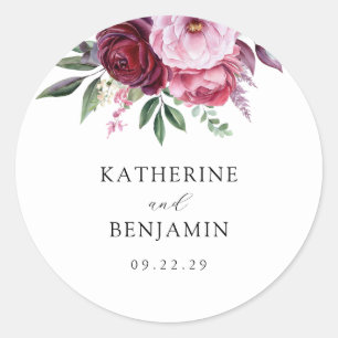Burgundy and Pink Elegant Floral Wedding Classic Round Sticker