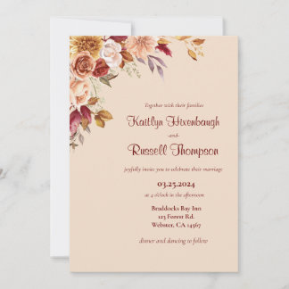 Burgundy and Pink Fall floral Wedding Invitation