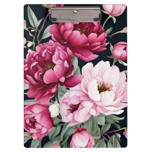 Burgundy and Pink Floral on Black Clipboard
