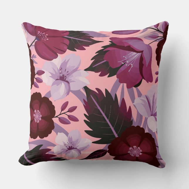 Burgundy and Pink Floral on Soft Blush Background Cushion (Front)