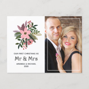 Burgundy and Pink Floral Our First Christmas Photo Holiday Postcard