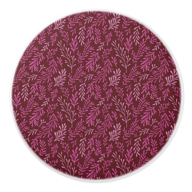 Burgundy and Pink Floral Tropical Leaf Pattern Ceramic Knob (Front)