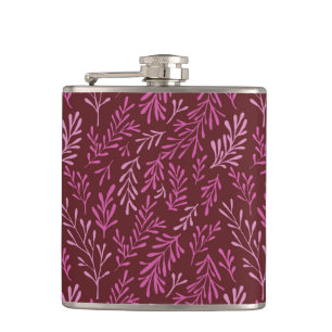 Burgundy and Pink Floral Tropical Leaf Pattern Hip Flask
