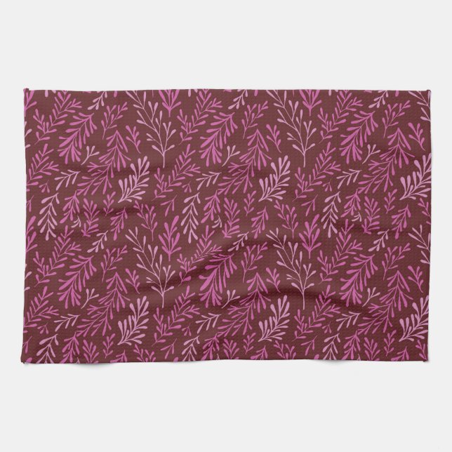 Burgundy and Pink Floral Tropical Leaf Pattern Tea Towel (Horizontal)
