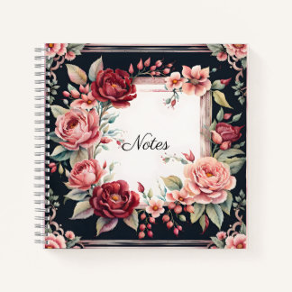Burgundy and Pink Flowers on Black Notebook