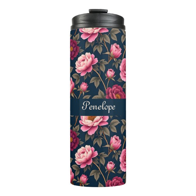 Burgundy and Pink Flowers Thermal Tumbler (Front)