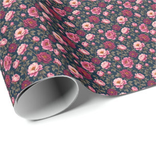 Burgundy and Pink Flowers Wrapping Paper