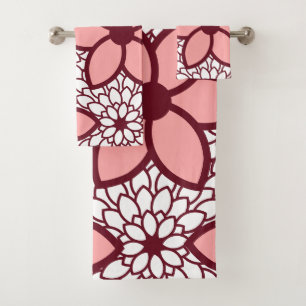 Burgundy and Pink Modern Floral Bath Towel Set