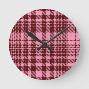 Burgundy and Pink Plaid Tartan Design Round Clock