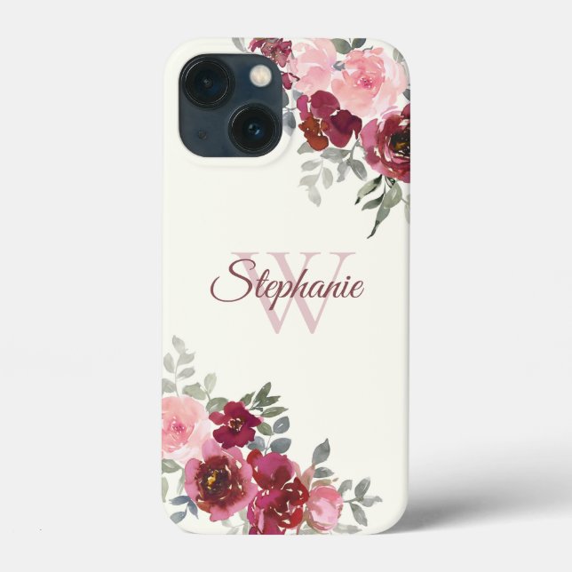 Burgundy and Pink Roses on Yellow Monogrammed    Case-Mate iPhone Case (Back)