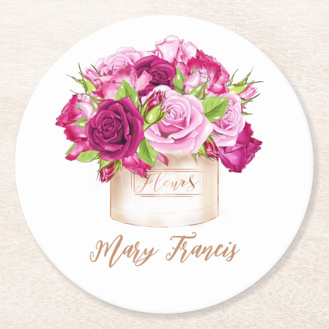 Burgundy and Pink Roses Round Paper Coaster (Front)