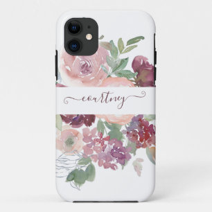 Burgundy and pink watercolor floral personalised iPhone 11 case