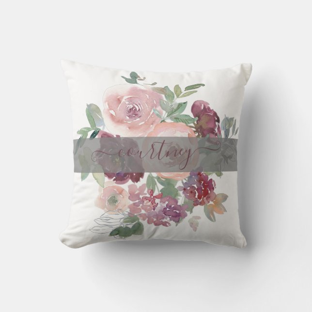 Burgundy and pink watercolor floral personalised  cushion (Front)
