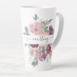 Burgundy and pink watercolor floral personalised   latte mug