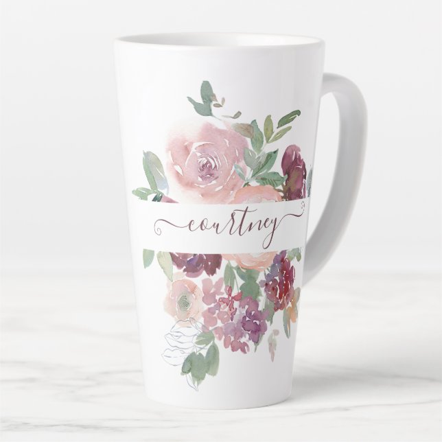 Burgundy and pink watercolor floral personalised   latte mug (Right Angle)