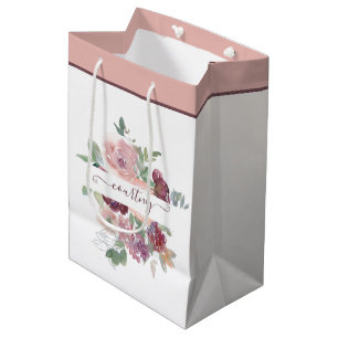 Burgundy and pink watercolor floral personalised   medium gift bag