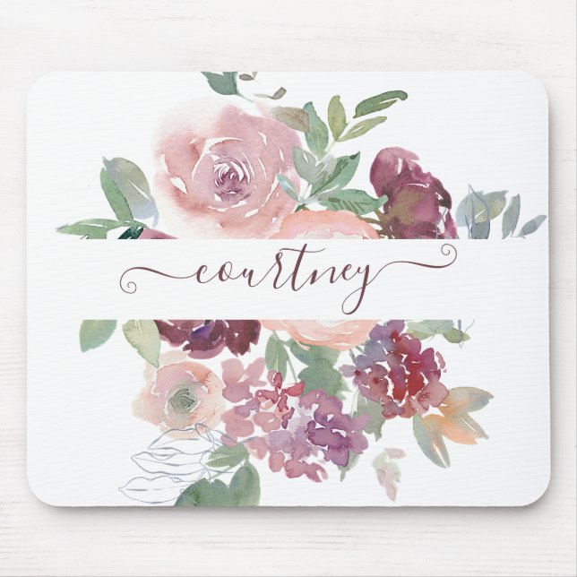 Burgundy and pink watercolor floral personalised   mouse pad (Front)