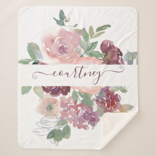 Burgundy and pink watercolor floral personalised  sherpa blanket
