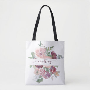 Burgundy and pink watercolor floral personalised   tote bag