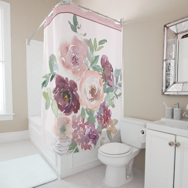 Burgundy and pink watercolor floral shower curtain (In Situ)