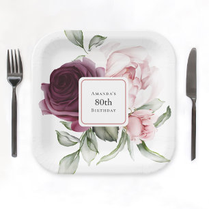 Burgundy and Pink Watercolor Roses 80th Birthday Paper Plate