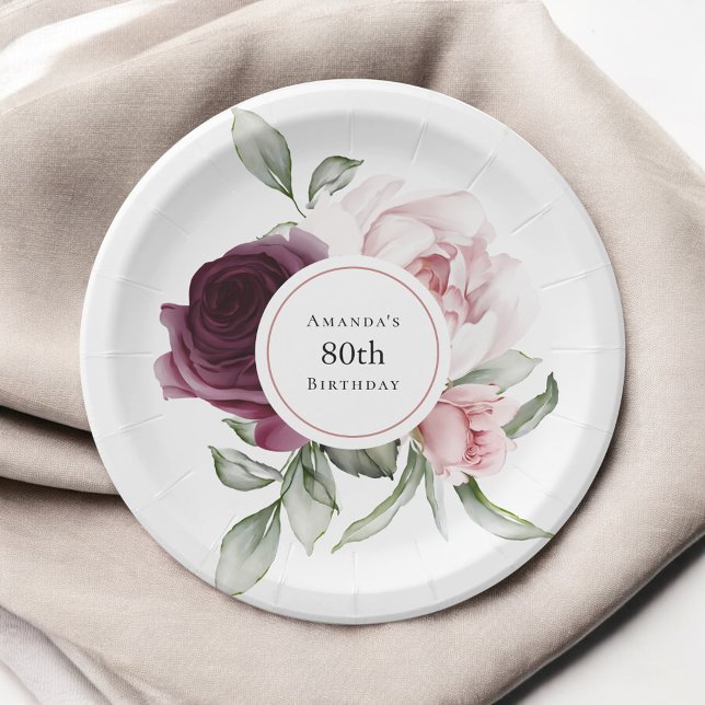 Burgundy and Pink Watercolor Roses 80th Birthday Paper Plate (Creator Uploaded)