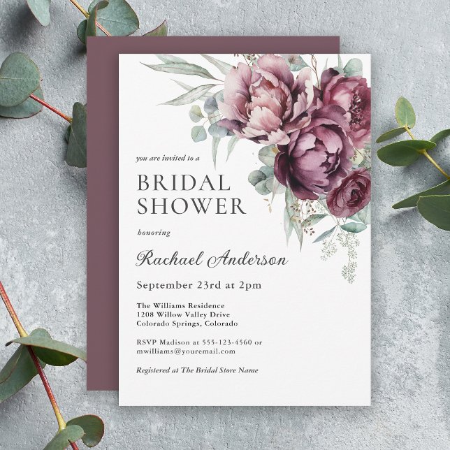 Burgundy and Plum Fall Floral Bridal Shower Invitation (A lovely bridal shower invitation for fall and beyond.)