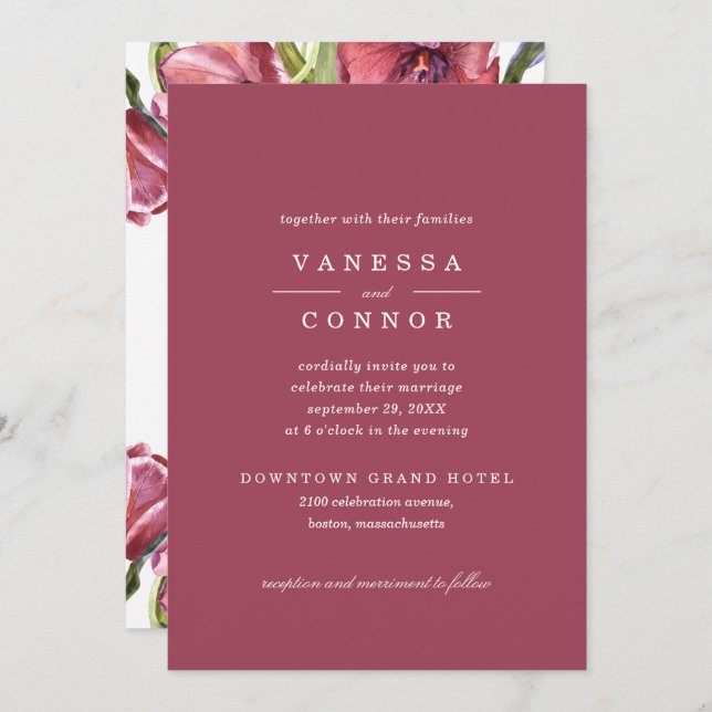 Burgundy and Poppies Elegant Boho Floral Wedding Invitation (Front/Back)