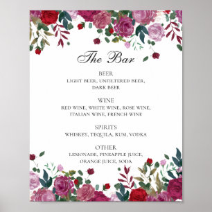 Burgundy and purple floral wedding drinks bar menu poster