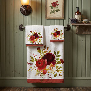 Burgundy and red watercolor roses  bath towel set
