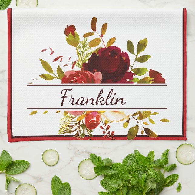 Burgundy and red watercolor roses personalised tea towel (Folded)