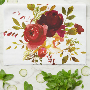 Burgundy and red watercolor roses  tea towel