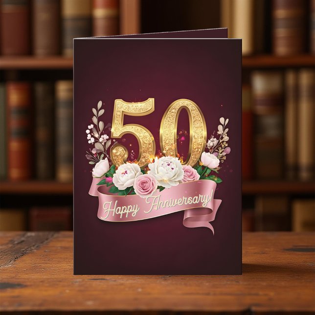 Burgundy and Rose Floral 50 Wedding Anniversary Card (Creator Uploaded)