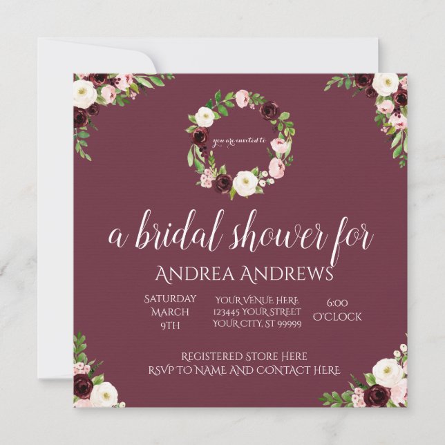 Burgundy and Rose Floral Bridal Shower Invitation (Front)