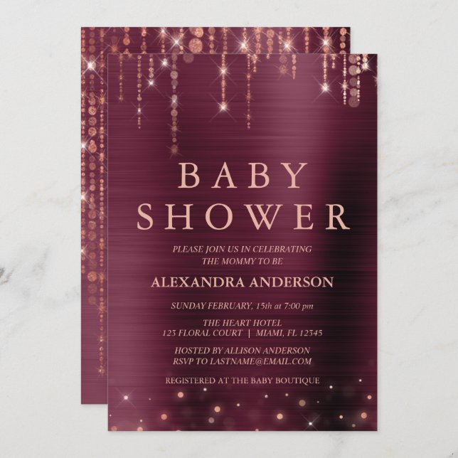 Burgundy and Rose Gold Baby Shower Party Invitation (Front/Back)