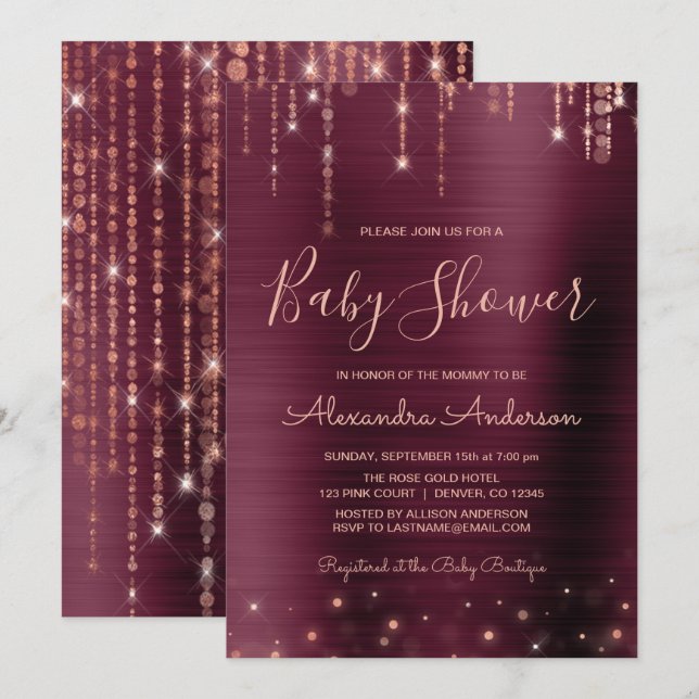 Burgundy and Rose Gold Baby Shower Party Invitation (Front/Back)