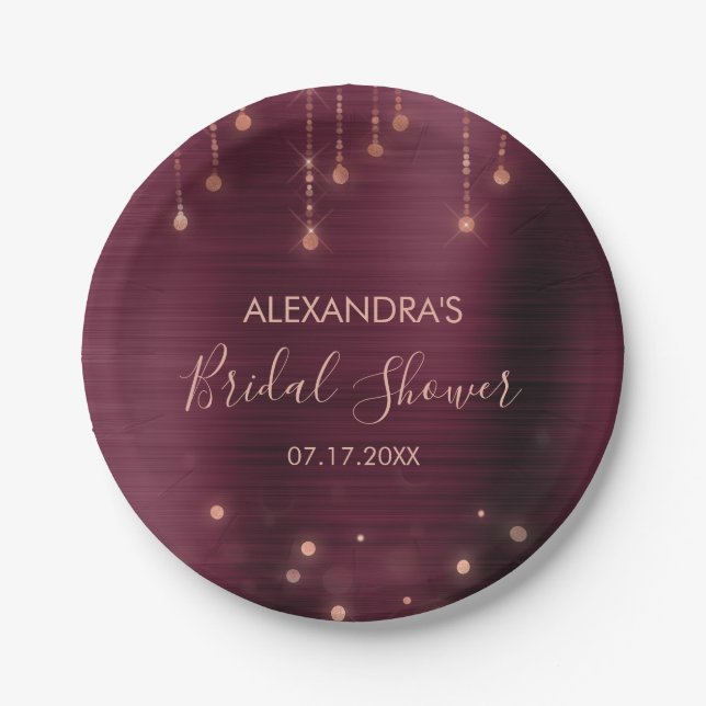 Burgundy and Rose Gold Bridal Shower Paper Plate (Front)