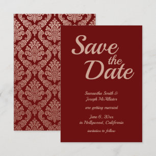 Burgundy and Rose Gold Damask Save the Date Invitation