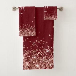 Burgundy and Rose Gold Glitter Family Monogrammed Bath Towel Set