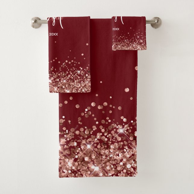Burgundy and Rose Gold Glitter Family Monogrammed Bath Towel Set (Insitu)
