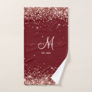 Burgundy and Rose Gold Glitter Family Monogrammed Hand Towel