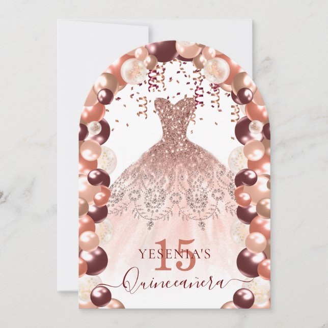 Burgundy and Rose Gold Quinceañera Dress Balloon Invitation (Front)