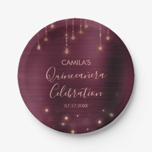 Burgundy and Rose Gold Quinceanera Party Paper Plate